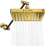 SparkPod Square Rain Shower Head with Shower Head Extension Arm - High Pressure Rain - Luxury Modern Look - No Hassle Tool-less 1-Min Installation (16" Shower Arm Extension, Egyptian Gold)