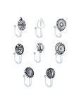 Yellow Chimes Traditional Silver Oxidised Nose Pin Without Piercing Floral Shaped