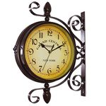 KiaoTime Vintage Double Sided Station Wall Clock Antique Decorative Double Faced Wall Clock 360 Degree Rotate Wall Mounted Train Railway Style Wall Clock, Dark Brown Color