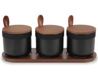 Chase Chic Set of 3 Sugar Bowls with Lids and Spoons, Ceramic Spice Storage Jar with Wooden Lids and Spoons for Kitchen, 250ml Sugar Jar Black