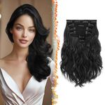 BARSDAR Wavy Clip in Hair Extensions - 12 Inch Black Clip in Hair Extensions for Women - 6PCs Full Head Thick Soft Synthetic Clip in Hairpieces Daily Party Halloween - Natural Black