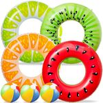 90shine 7PCS Fruit Pool Floats: Watermelon Kiwi Orange Lemon Swimming Rings with 13.5" Beach Balls - Inflatable Tubes Floaties Toys for Kids Adults