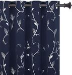 BUHUA Shinny Silver Wave Flower Print Blackout Curtains Grommet Thermal Insulated Navy Curtains for Classroom 52W×54L Navy Blue 2 Panels