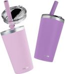 CUPKIN Toddler Tumblers - The Original 12 oz Stackable Stainless Steel Cups - Set of 2 Powder Coated Insulated Kids Water Bottle Alternative + BPA Free Lids + Reusable Silicone Straws (Pink + Purple)