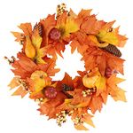 Ywlake 15 Inch Fall Wreath for Front Door Decoration, Autumn Wreath with Artificial Maple Leaf Harvest Pumpkins Pine Cone Wreath for Thanksgiving Indoor Fireplace Window Decor