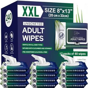 Adult Wipes For Elderly - 8"x13" 720ct (12 Packs of 60) Huge & Soft Non-Flushable Body Wipes for Adults Bathing No-Rinse - Incontinence Disposable Washcloths, Vitamin E & Aloe Infused Shower Wipes.