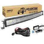 RIGIDON Car Led Light Bar With 12V Strobe Remote Control Wiring Harness Cable Kit, Curved 32 inch 405W, 7D Tri Row Driving Work Lamp for Car Off road Truck SUV 4x4, Flood Spot Combo Beam, 6000K