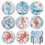 Moendergo 8 Coasters, Drinks, Coastal Beach Theme, Absorbent Cork Ceramic Glass Coasters, with Metal Holder for Housewarming, Home, Kitchen, Room, Bar Decor (8)