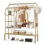 JOISCOPE Garment Rack, Freestanding Hanger Double Rods Multi-functional Bedroom Clothing Rack, with Double layer Bottom Shelves and 4 Hooks, for Bedroom, 49.4 inch, Gold