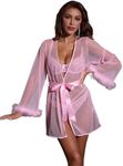 OYOANGLE Women's 4 Piece Pajama Set Sheer Mesh Fur Trim Belted Sleep Robe Bridal Wedding Lingerie Pink Lace M