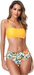 SHEKINI Women's Halter Bandeau Bikini Set Cutout Side Swimwear,Strapless Two Piece Swimsuits (Yellow - Printing, Small)