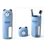 whatUneed Travel Toothbrush holder and toothbrush Set，Bear Portable Business Wash Cup Holder (blue)