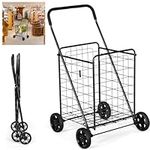 GiantexUK Shopping Cart on Wheels, Folding Metal Grocery Trolley with Foam-wrapped Handle, Heavy-duty Utility Cart for Supermarket Warehouse Laundry (Black)