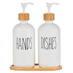 2 Pack Kitchen Soap Dispenser White Kitchen Bathroom Hands and Dishes Dispensers Set Glass Soap Dispenser with Pump Wooden Tray for Countertop Laundry Room Shampoo Lotion