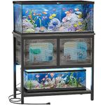 iSunirm 40-50 Gallon Fish Tank Stand with LED Light and Outlet, Heavy Duty Metal Aquarium Stand with Cabinet and Accessories Storage, Reptile Tank Turtle Terrariums Table Stand Hold 880LBS, Grey Oak