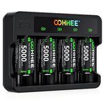 OOHHEE Battery Charger with 4 x C Batteries, Individually Charger for NI-MH NI-CD AA/AAA/C/D Batteries, 4 Bays Rechargeable Battery Charger with LED Display & Type C Charging Port