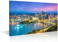 TUMOVO Pittsburgh Downtown Wall Art Pittsburgh Skyline Canvas Wall Decorations Pittsburgh Pennsylvania Bedroom Decor 1 Panel Night Cityscape Home Decor Art Canvas Framed Ready to Hang (16''Wx 24''H)