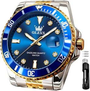 OLEVS Men's Watch, Fashion Luxury Blue Big Face Stainless Steel Diamond Dress Calendar Gold Waterproof Luminous Wrist Watches for Men