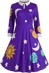 ZEZCLO Women's Long Sleeve Peter Pan Collar A-line Dress Halloween Costume Vintage Solar System Fit and Flare Dresses Purple 2XL