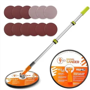 POLIWELL 9 Inch Drywall Pole Sander with 3-Foot Extension Pole - 360° Rotary Sanding Head for Walls & Ceilings, Includes 12 pcs Sanding Discs (100/180/240 Grits)