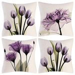 QUALKNOY Set of 4 Cushion Covers 18"x18" Purple Flower Modern Art Boho Decorative Square Throw Pillow Cases 45x45 cm for Living Room Sofa Garden Outdoor Courtyard Flora Home Decor Pillowcases