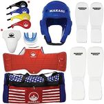 Martial Arts Taekwondo Sparring Gear Equipment Set Headgear Cloth Shin Instep Arm Chest Mouthguard Bag (Blue)