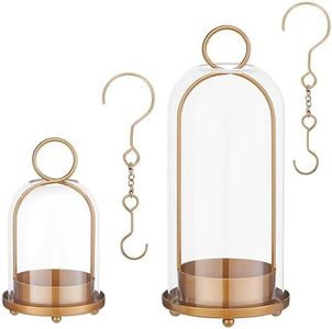 ECLSDL Hurricane Glass Candle Holders for Pillar Candles Set of 2 (5" & 4" Wide), Gold Metal Candlestick Holders, Modern Decorative Centerpiece Lanterns for Table Mantel Wedding Housewarming Gift