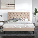 SHA CERLIN Queen Size Bed Frame with Button Tufted Headboard, Fabric Upholstered Mattress Foundation, Platform Bed Frame, Wooden Slat Support, No Box Spring Needed, Beige