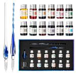 AOKUY Glass Pen Set Calligraphy Dip Pens,12 Colorful Inks,Caligraphy Sets for Art, Writing, Signature, Decoration, Gift (12+2 blue+blueflower)