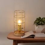 Modern Industrial Small Gold Cage Desk Lamp with Wood Base - Mid Century Retro Edison Table Lamp Antique Holder - Vintage Bedside Night Light for Living Room Bedroom Decoration (E26,Bulbs Not Included)