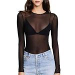 EMOTTOS Women's Sexy Lace Tops, Slim Fit Tulle mesh See-Through Long Sleeve, Round Neck See Through Shirts for Women, Female Sexy Leotard Clubwear(B2-Black)