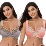 Curve Muse Plus Size Minimizer Underwire Bra with Lace Embroidery-2Pack-Brown,Peach Amber-36DDD (EU:80F)