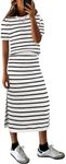 ANRABESS Womens 2 Piece Outfits Striped Sweater Skirt Sets 2025 Summer Casual Short Sleeve Pullover Tops Travel Midi Dress White Black Small