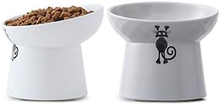 TAMAYKIM Tilted Ceramic Raised Cat Bowls, 8 OZ Food and Water Bowls Set for Kitty, Porcelain Elevated Stress Free Feeding Pet Dish, Dishwasher and Microwave Safe, 2 Pack (White & Grey)