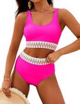 Govbat Women's High Waisted Bikini Sets Two Piece Bathing Suits High Cut Swimsuit White Bikini（Medium,Hot Pink