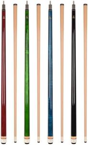 Aska Set of 4 Wrapless L3 Billiard Pool Cues, 58" Hard Rock Canadian Maple, 13mm Hard Le Pro Tip, Mixed Weights, Black, Blue, Green, Red.