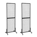 HIDODO Freestanding Grid Wall Panel Standing Wire Grid Display Rack with T-Base Wheels, Gridwall Panel Tower for Shows, Black (2 Pack)