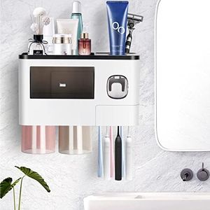 Toothpaste Dispenser Wall Mount Toothbrush Holder for Bathroom,2Cups and 1Drawer Storage Box,6 Toothbrush Slot,Black Toothbrush Holder Set