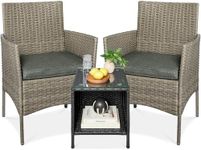Best Choice Products 3-Piece Outdoor Wicker Conversation Bistro Set, Space Saving Patio Furniture for Garden w/Side Table - Taupe/Slate Green
