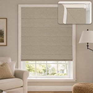 Hestia No Drill Roman Shades for Indoor Windows, 100% Blackout Cordless Roman Blinds, Faux Linen Fabric Room Darkening Window Shades with Tension Rod, Inside Mount, Brown, 50" W x 64" H