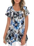 Nandashe Women Short Sleeves Tunic Shirts Casual Scoop Neck Floral Irregular Hem Blouses Tops, Blue White, Medium