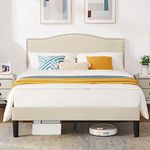 VECELO Upholstered Double Bed Frame - 135x190cm Platform Bedframe Mattress Foundation with Adjustable Headboard/Sturdy Wooden Slat Support/No Box Spring Needed/Easy Assembly, Beige