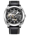 BENYAR Automatic Mechanical Self Wind Skeleton Black Dial Genuine Leather Analogue Watch For Men | Birthday Gift For Men | Gift For Husband | Gift For Brother, Black Band