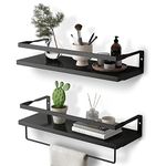 Black Floating Shelves Wall Mounted, Bathroom Wall Shelf with Towel Bar, Wood Decor Rustic Floating Shelves Set of 2, Storage Shelves for Kitchen, Bathroom, Laundry Room etc (Black)