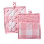 DII Cotton Buffalo Check Plaid Pot Holders with pocket, 9x8" Set of 2, Heat Resistant Pocket Mitts for Home Kitchen Cooking and Baking, Mother's day, Holidays, Hostee and Housewarming Gift-Pink & White