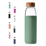 veegoal 25oz, 18oz Borosilicate Glass Water Bottles with Bamboo Lid, BPA-Free Non-Slip Silicone Sleeve, and Bonus Stainless Steel Leak Proof Lid- Reusable Water Bottles for Women and Men (18 Oz, Olive)