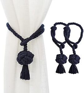 JQWUPUP Hand Knitting Curtain Tiebacks Rope for Draperies Outdoor - Decorative Window Treaments Holdbacks, Holdbacks Holders for Sheer Curtain and Blackout Curtain(Set of 2, Navy Blue)