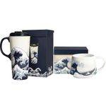 Ceramic Mug Large Coffee Cup Tall Travel Mugs Porcelain Latte Tea Cup with Lid and Handle 12oz and 17oz,2 Pack,Sea Wave