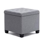 HNNHOME Pouffe Footstool Ottoman Storage Box, 45cm Cube Strong Wooden Frame Linen Living Room Foot stool, Toy Chest, Dressing Stool Seat Chair with Lids for Bedroom (Light Grey)