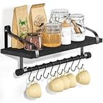 Love-KANKEI Kitchen Shelves Wall Mounted Floating Shelves Rustic Wood Organizer with Wood Rail and 8 Removable Hooks for Organize Cooking Utensils, Multi Use as Spice Rack,Black